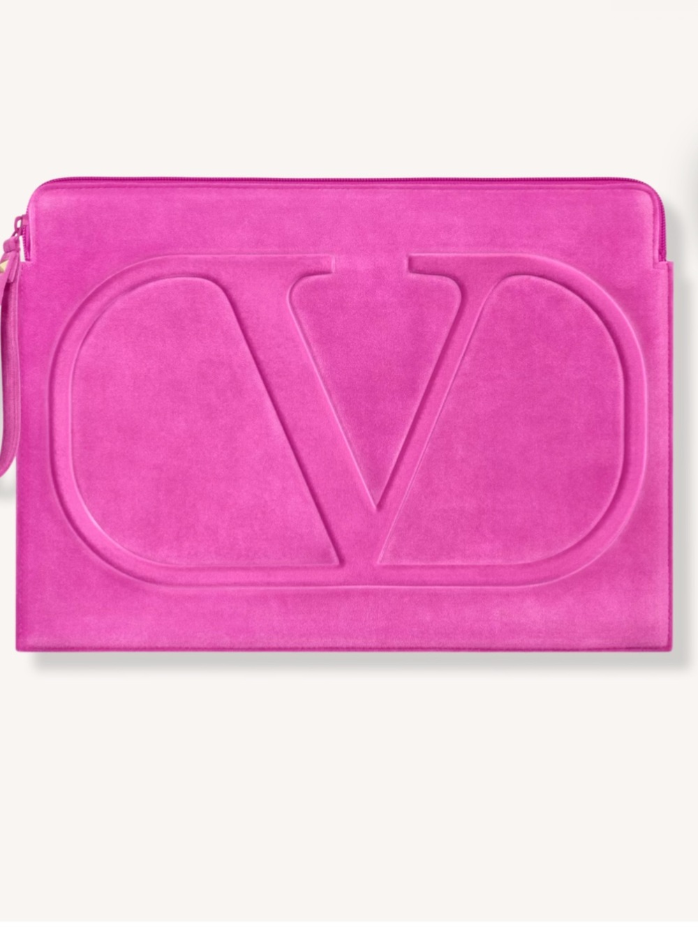 Valentino Suede pouch featuring large embossed Valentino V logo.